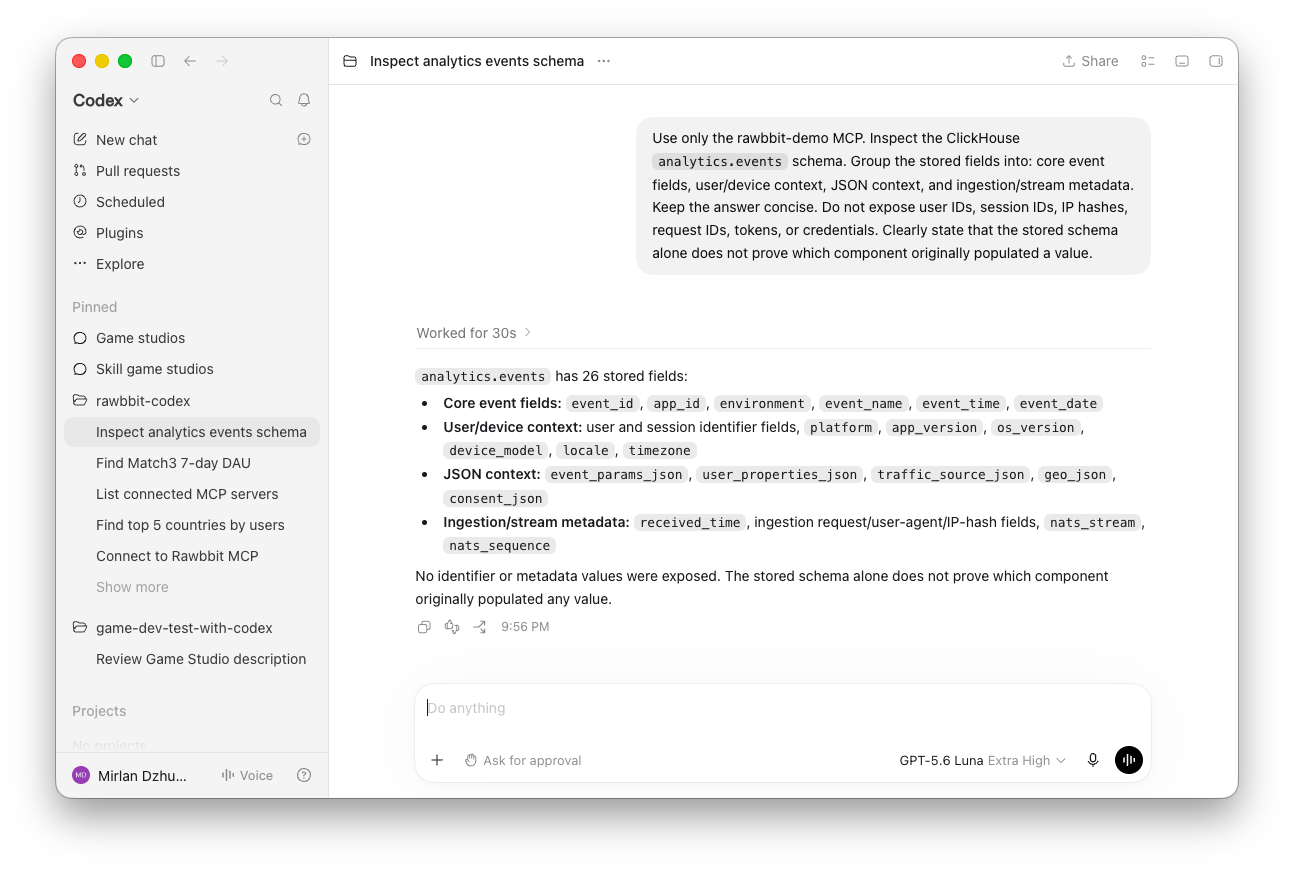 Codex inspecting the stored Rawbbit event fields through the read-only rawbbit-demo MCP