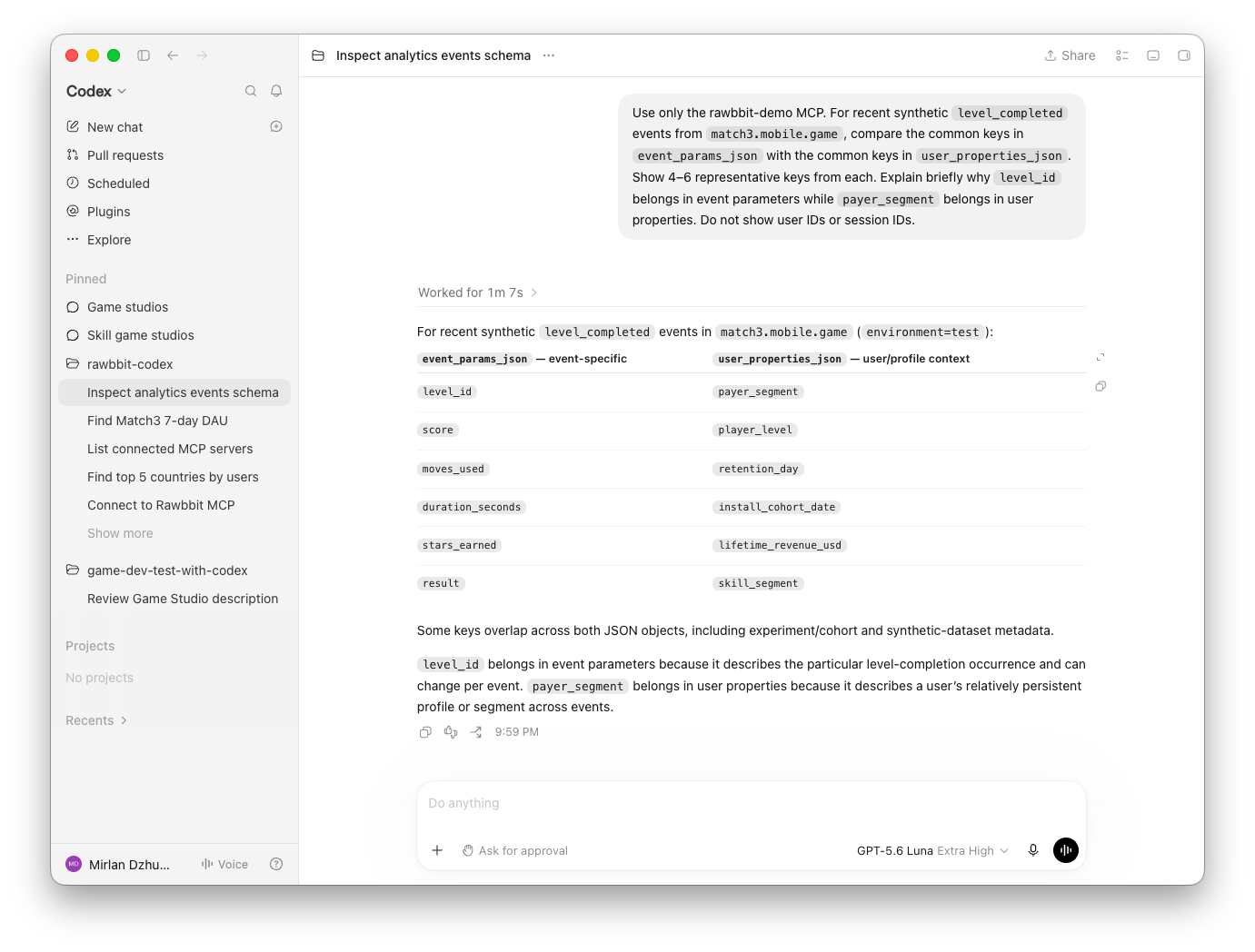 Codex comparing event parameters with player-property snapshots in synthetic Rawbbit events
