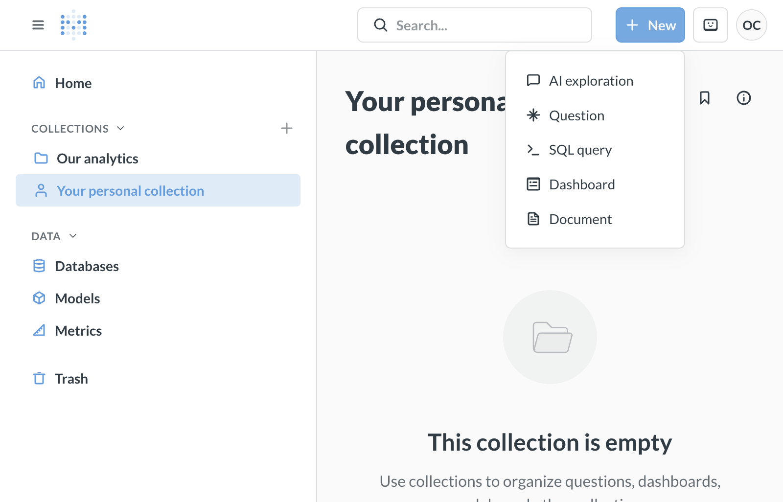 Metabase New menu showing Question, SQL query, and Dashboard choices