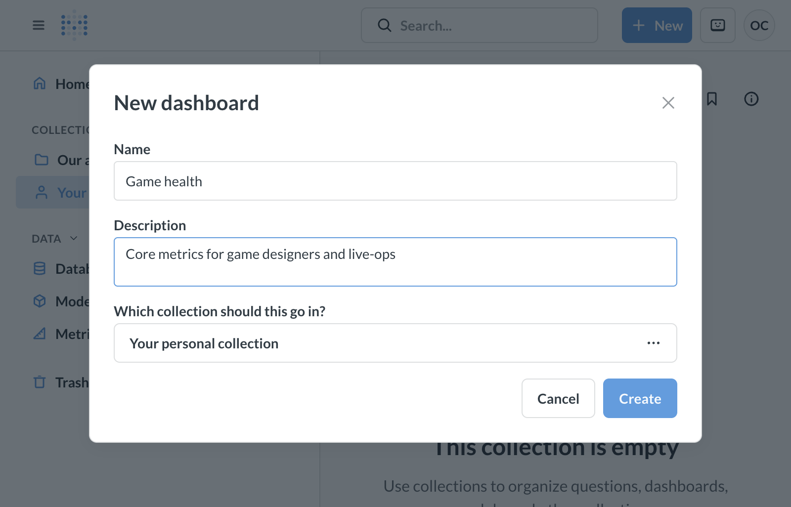 Metabase dashboard form with name, description, collection, and Create button