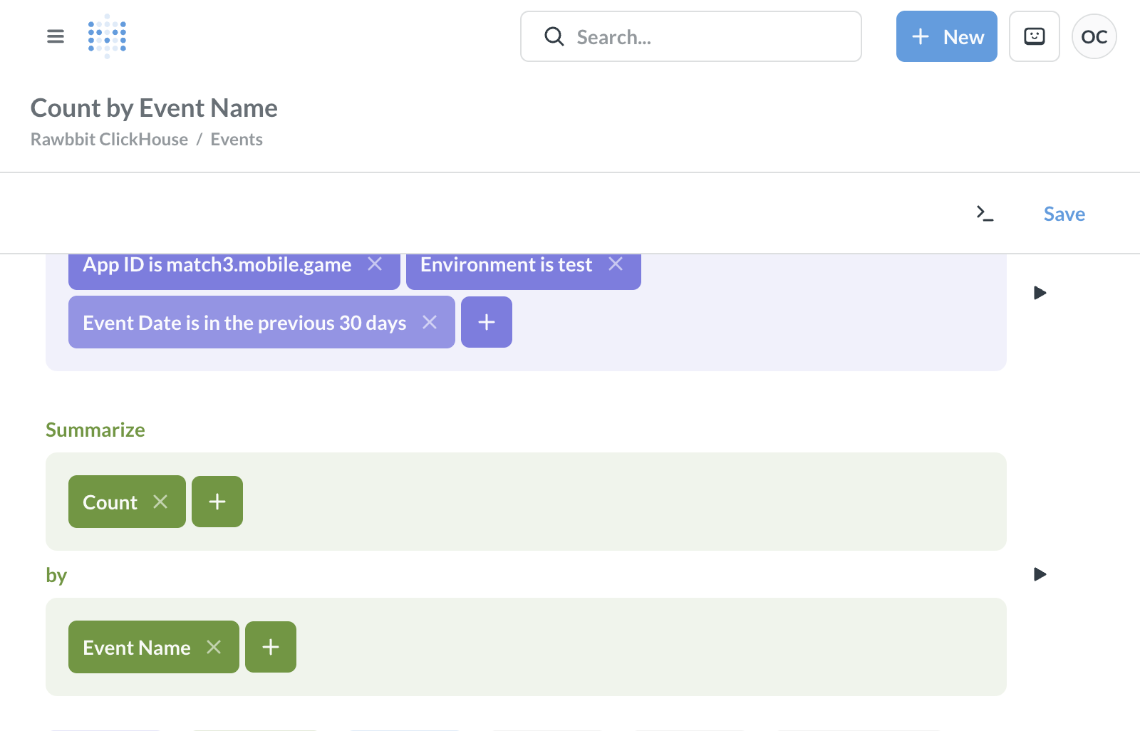 Metabase question builder filtering synthetic events by app, environment, and date, grouped by event name